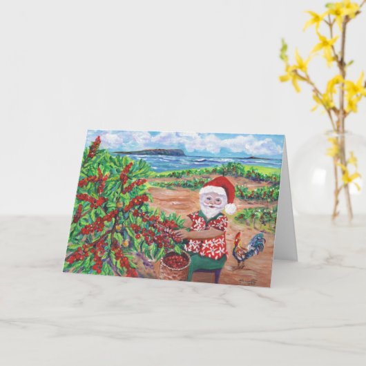 Santa Picking Coffee on Kauai Hawaii Holiday Card カード (黄色い花)
