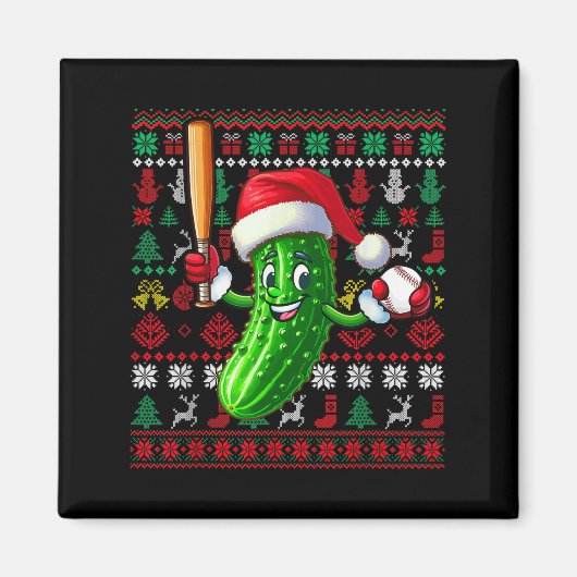 Santa Pickle Playing Baseball Xmas Player Vegan Sw マグネット (正面)