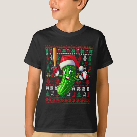 Santa Pickle Playing Baseball Xmas Player Vegan Sw Tシャツ (正面)