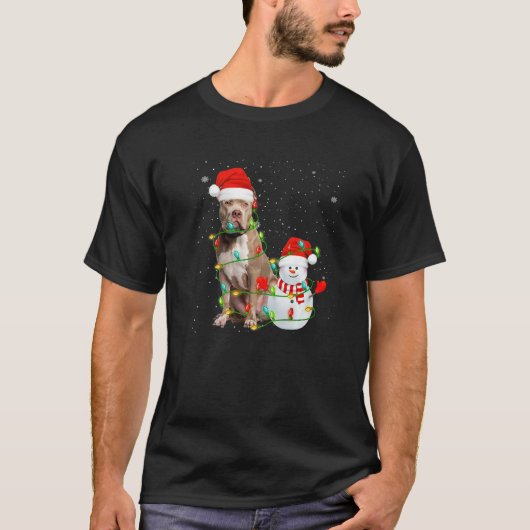Santa Pitbull Terrier Dog Snowman Xmas Tree Lights Tシャツ (正面)