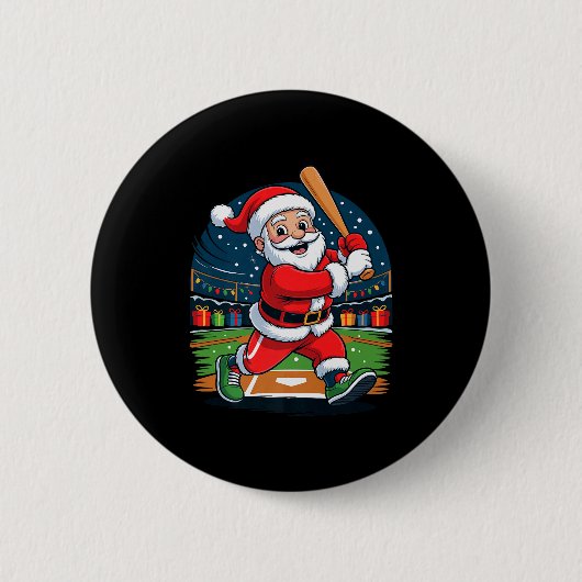 Santa Playing Baseball Funny Holiday Christmas Xma 缶バッジ (正面)