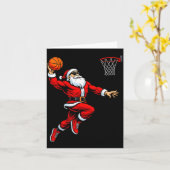 Santa Playing Basketball Xmas Funny Christmas Bask カード (黄色い花)
