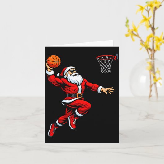 Santa Playing Basketball Xmas Funny Christmas Bask カード (黄色い花)