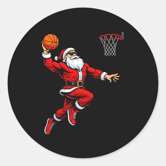 Santa Playing Basketball Xmas Funny Christmas Bask ラウンドシール (正面)