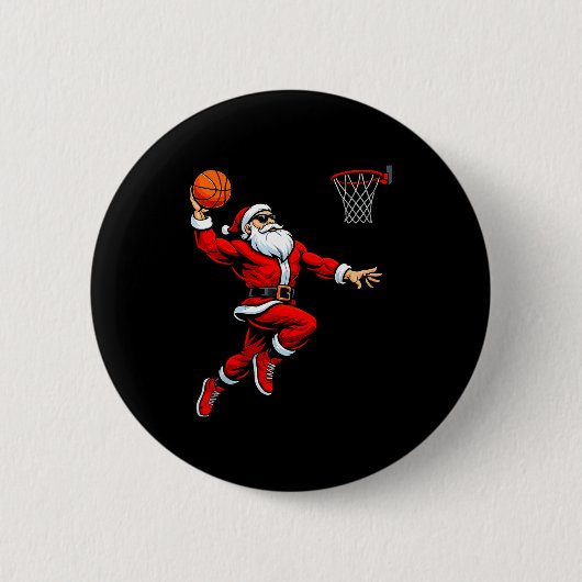 Santa Playing Basketball Xmas Funny Christmas Bask 缶バッジ (正面)