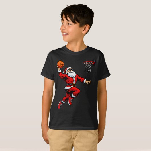 Santa Playing Basketball Xmas Funny Christmas Bask Tシャツ (正面フル)