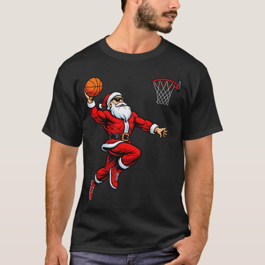 Santa Playing Basketball Xmas Funny Christmas Bask Tシャツ (正面)