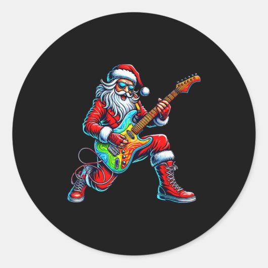 Santa Playing Guitar Musician Guitarist Christmas  ラウンドシール (正面)