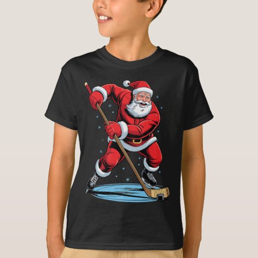 Santa Playing Hockey Funny Holiday Christmas Xmas Tシャツ (正面)