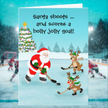 Santa Playing Hockey with Reindeer Christmas