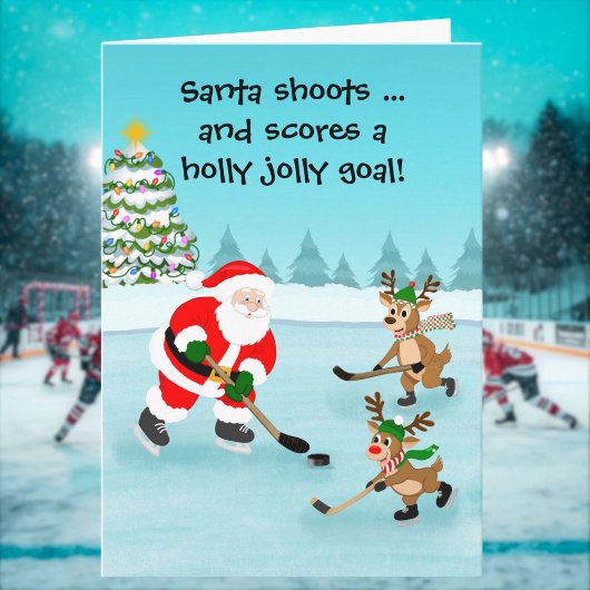 Santa Playing Hockey with Reindeer Christmas カード