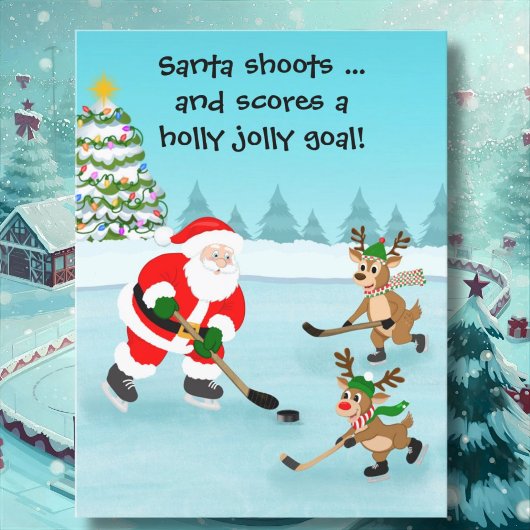 Santa Playing Hockey with Reindeer Christmas ポストカード