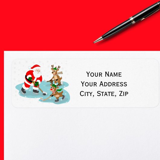 Santa Playing Hockey with Reindeer Christmas ラベル