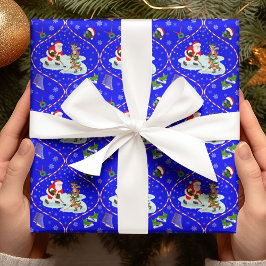 Santa Playing Ice Hockey Christmas Pattern Blue ラッピングペーパー