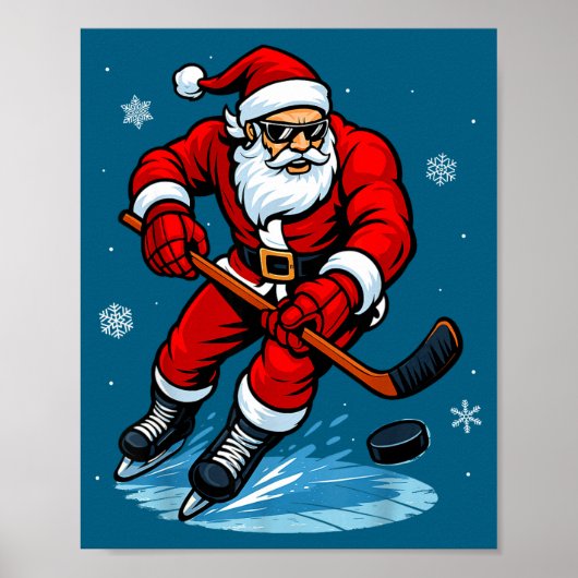 Santa Playing Ice Hockey Xmas Funny Christmas Hock ポスター (正面)