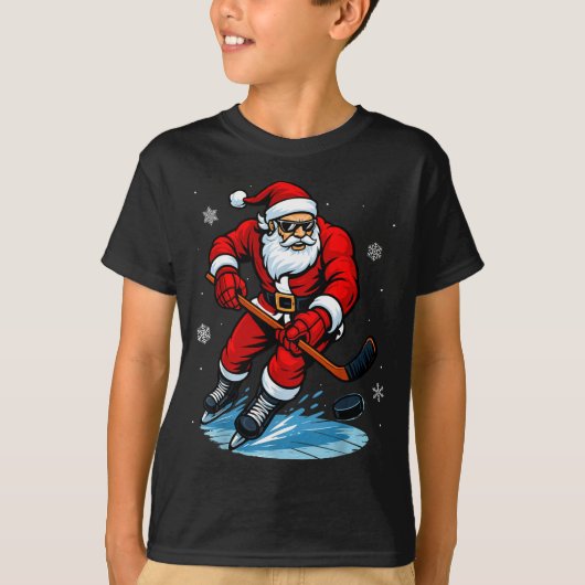 Santa Playing Ice Hockey Xmas Funny Christmas Hock Tシャツ (正面)