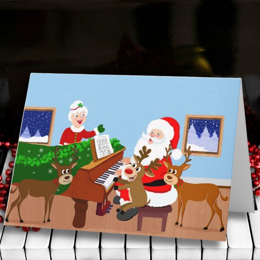Santa Playing Piano with Reindeer Blank  カード