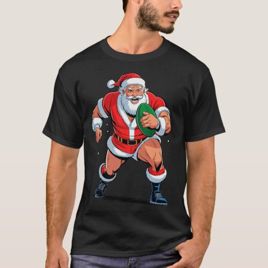 Santa Playing Rugby Funny Holiday Christmas Xmas P Tシャツ (正面)
