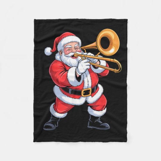 Santa Playing Trombone Funny Holiday Chrismas Xmas フリースブランケット (正面)