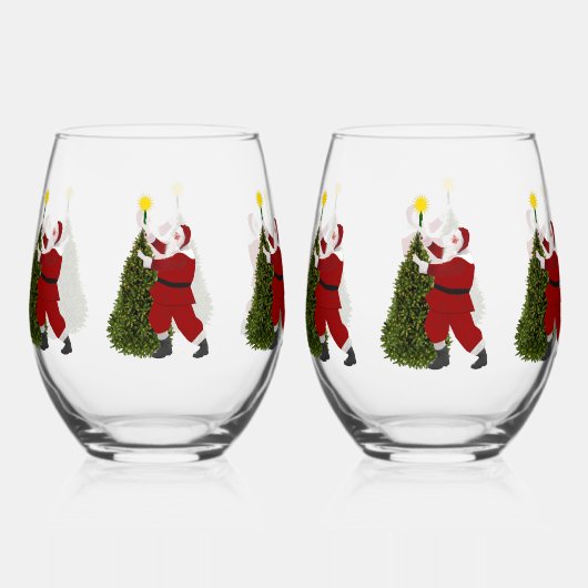 Santa Putting the Star on the Tree Wine Glass Set ステムなしワイングラス (正面)