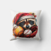 Santa Raccoon & Baseballs Holiday Throw Pillow クッション (裏面)