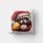 Santa Raccoon & Baseballs Holiday Throw Pillow クッション (正面)