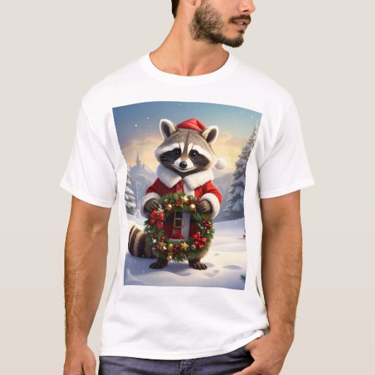 Santa Raccoon – Winter Wreath in a Magical Forest Tシャツ (正面)
