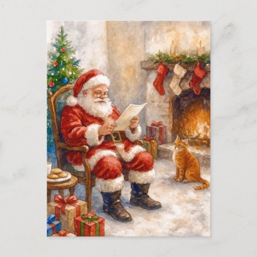 Santa Reading Fireplace Cozy Christmas Postcard シーズンポストカード (正面)