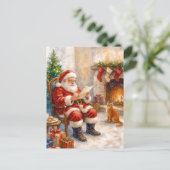 Santa Reading Fireplace Cozy Christmas Postcard シーズンポストカード (スタンド正面)