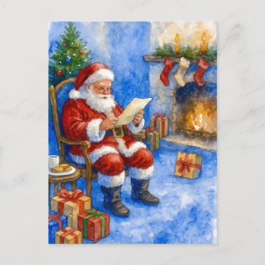 Santa Reading Letters by the Fireplace Postcard シーズンポストカード (正面)