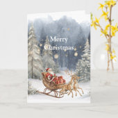 Santa Red Sleigh Reindeer Snow Christmas Trees カード (黄色い花)