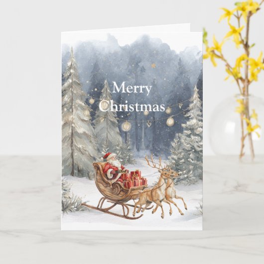 Santa Red Sleigh Reindeer Snow Christmas Trees カード (黄色い花)