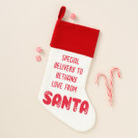 Santa Red Whiteの特別配送子名 クリスマスストッキング<br><div class="desc">サンタレッド・ホワイトからの特別配達児の名前。サンタさんご自身の個人ストッキングから！サンタは、星のモチーフと文字の残りの部分を持つセットスクリプトに入っている息子や娘の名前でパーソナライズできる。</div>