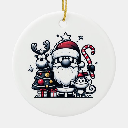 Santa, Reindeer, and a Christmas Monkey Ornament セラミックオーナメント (正面)