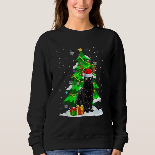 Santa Reindeer Black Cat Xmas Tree Lights Christma スウェットシャツ (正面)