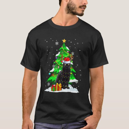 Santa Reindeer Black Cat Xmas Tree Lights Christma Tシャツ (正面)