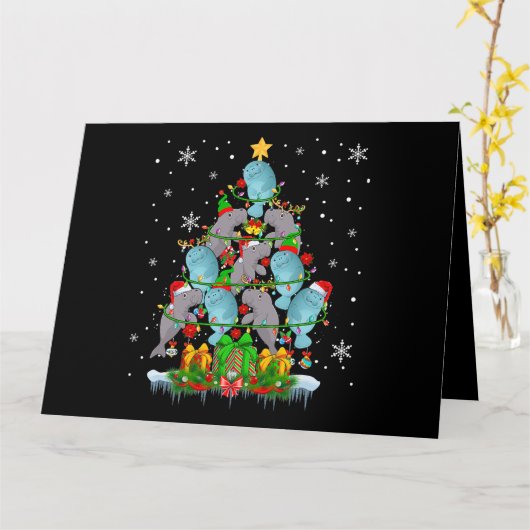 Santa Reindeer Elf Manatees Christmas Tree Lights カード (黄色い花)