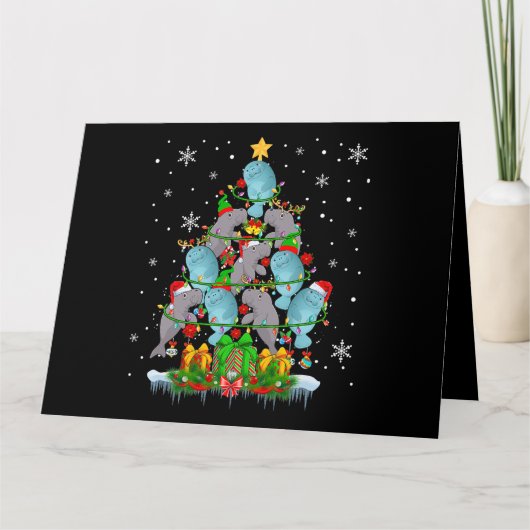 Santa Reindeer Elf Manatees Christmas Tree Lights  カード (正面)