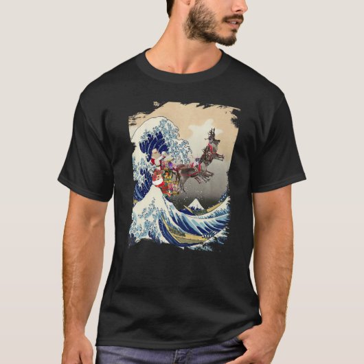 Santa Reindeer Over Great Wave Christmas Tシャツ (正面)