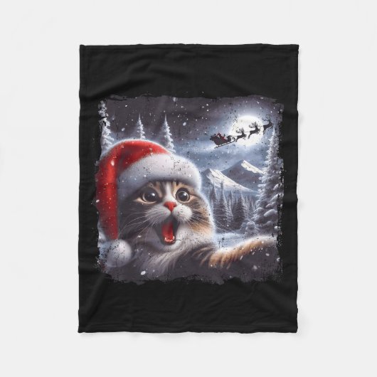 Santa Reindeer Selfie Cat Funny Christmas Tee  フリースブランケット (正面)