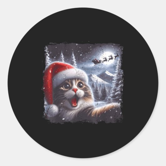 Santa Reindeer Selfie Cat Funny Christmas Tee  ラウンドシール (正面)