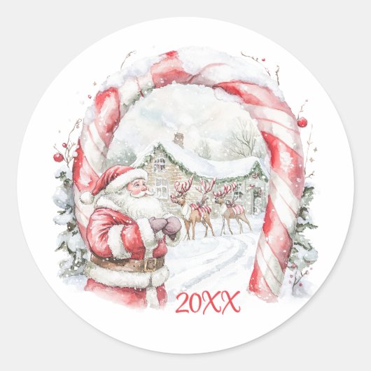 Santa Reindeers Candy Cane Christmas Sticker ラウンドシール (正面)
