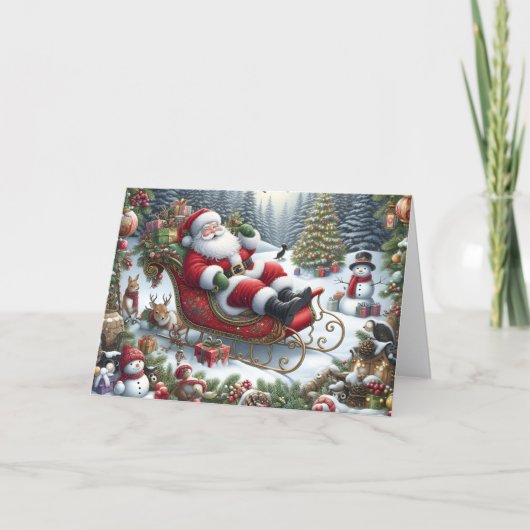 Santa Relaxing in Sleigh Holiday Card シーズンカード (正面)