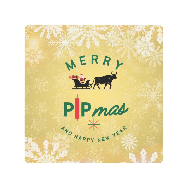 Santa Riding a Bull Sleigh – Forex Pipmas Gift  メタルプリント (正面)
