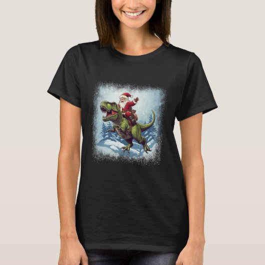 Santa Riding A Dinosaur T-rex Funny Christmas  Tシャツ (正面)