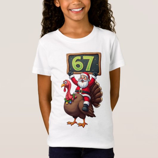 🎅🦃 Santa Riding a Turkey with Number 67 Funny Tシャツ (正面)