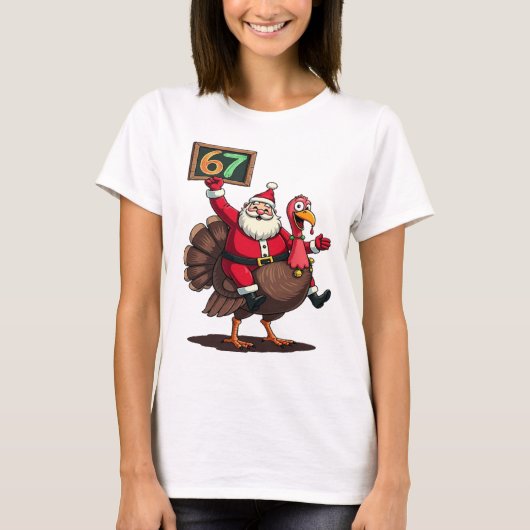 🎅🦃 Santa Riding a Turkey with Number 67 Funny Tシャツ (正面)