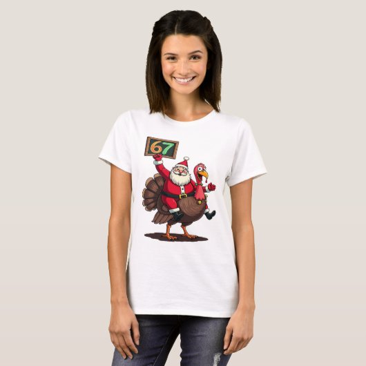 🎅🦃 Santa Riding a Turkey with Number 67 Funny Tシャツ (正面フル)