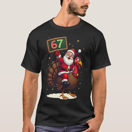 🎅🦃 Santa Riding a Turkey with Number 67 Funny Tシャツ (正面)