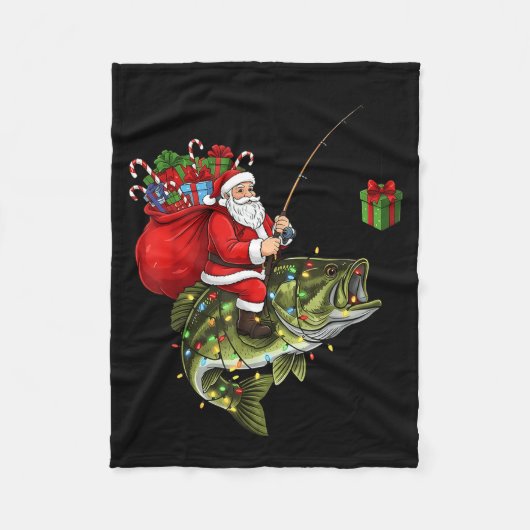 Santa Riding B Fish Christmas Fishing Funny Xmas P フリースブランケット (正面)